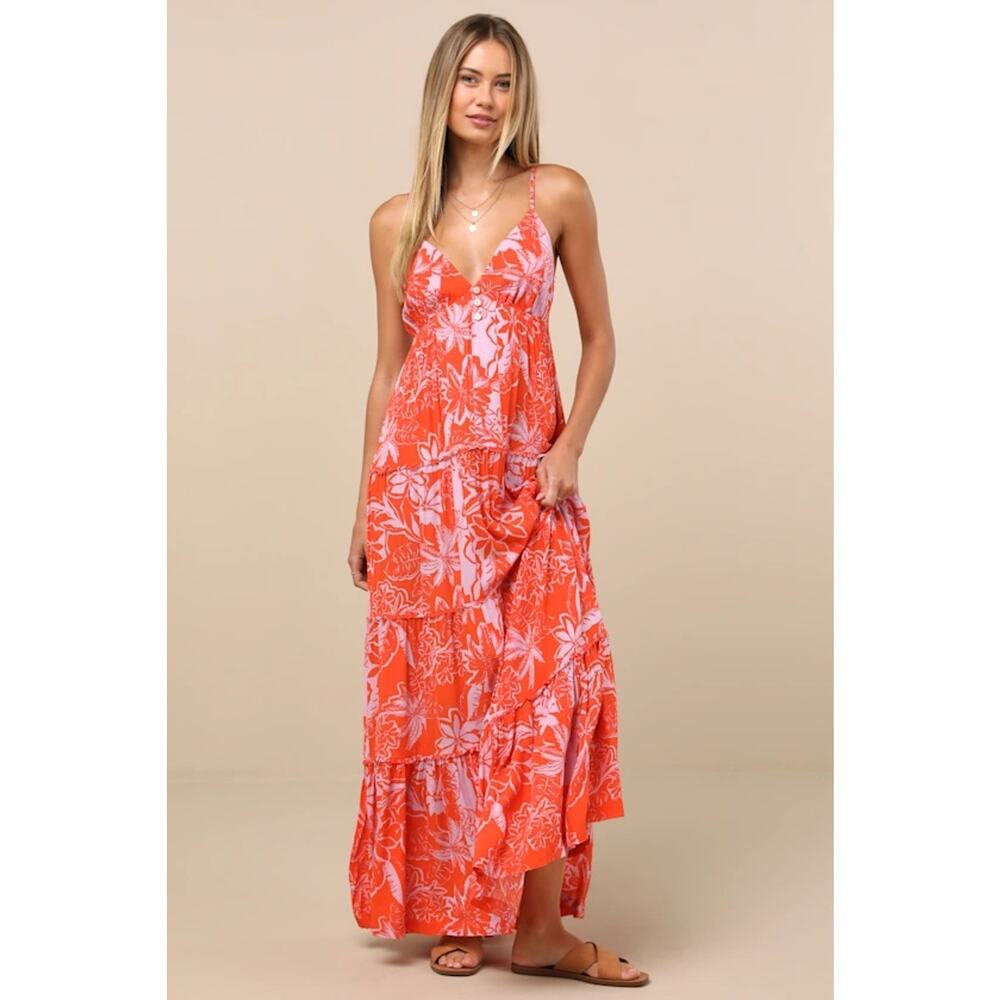 NWT Roxy Warm Rays Coral Tropical Print Tiered Tie-Back Maxi Dress M